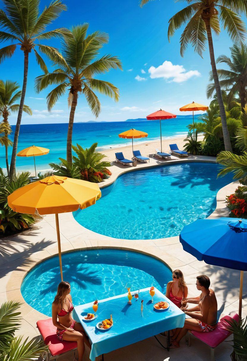 A vibrant summer scene featuring a stylish pool party with people wearing trendy swimwear, surrounded by tropical palm trees and colorful beach umbrellas. Include splashes of water, refreshing cocktails on a table, and a bright blue sky overhead. Emphasize a feeling of relaxation and fun. vibrant colors. tropical theme. super-realistic.